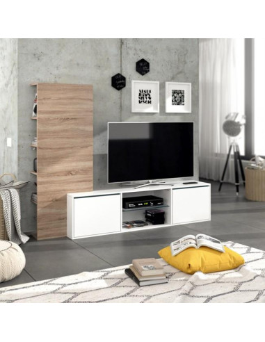 Meuble TV avec bibliothèque bicolore chêne et blanc cielterre-commerce