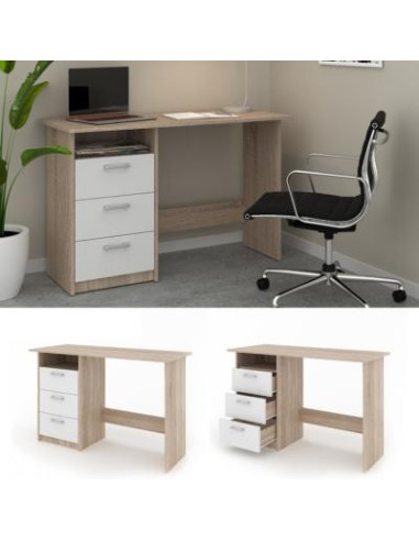Bureau bicolore chêne blanc bureau avec tiroirs rangement