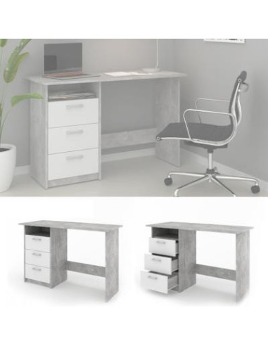 Bureau bicolore gris blanc bureau avec 3 tiroirs rangement