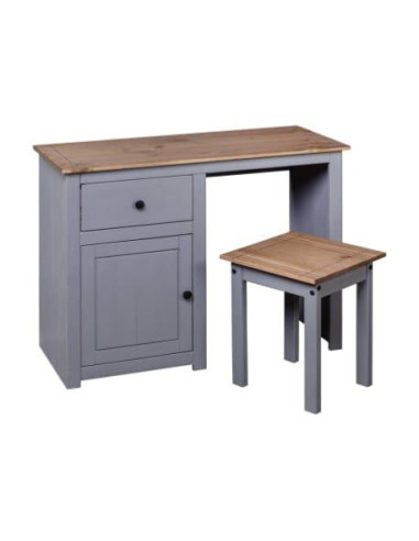 Coiffeuse table maquillage + tabouret pin massif gris cielterre-commerce