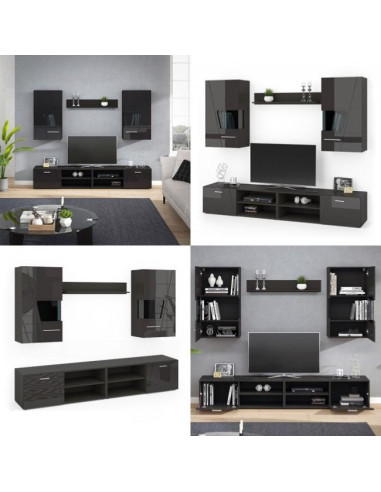 Mur TV Hifi noir brillant avec placard étagère meuble télé