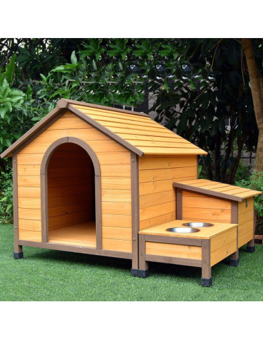 Niche chien avec gamelles et rangement niche toit en bois