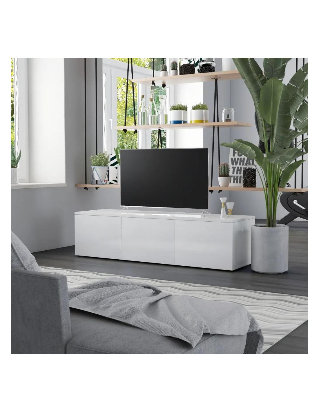 Meuble TV blanc brillant 120 cm meuble télévision 3 tiroir - Ciel