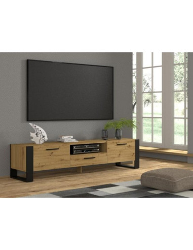 Meuble TV noir et chêne avec étagère design meuble télé