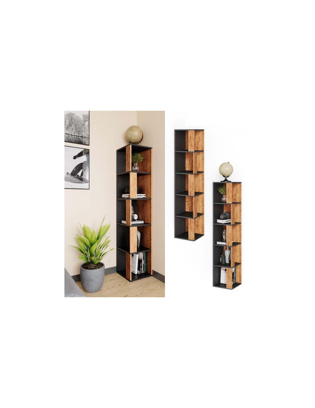 Bibliothèque d'angle anthracite chêne meuble rangement - Ciel & terre