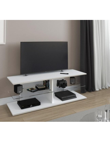 Meuble TV blanc moderne avec plateau verre meuble télé
