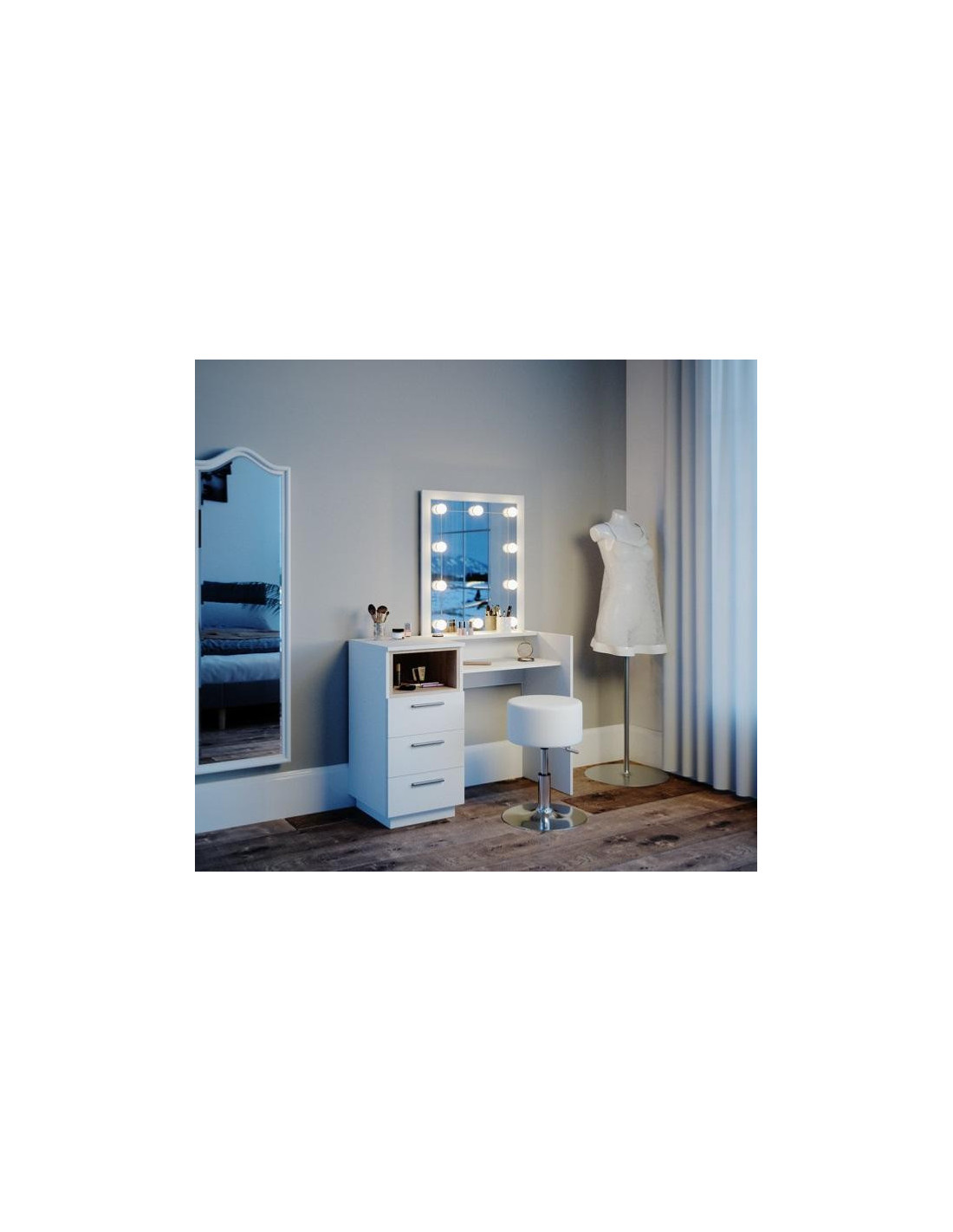 Coiffeuse épurée étagères et miroir LED blanc chêne Coiffeuse moderne -  Ciel & terre
