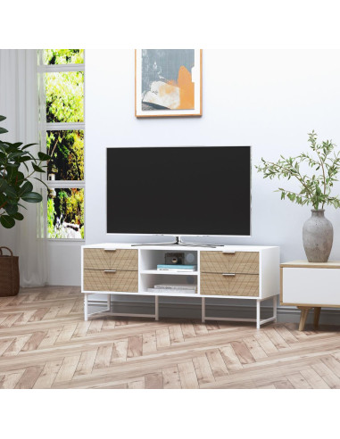 Meuble TV blanc chêne graphique pied métal meuble télé