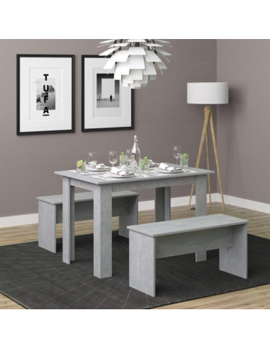 Table à manger avec 2 bancs gris béton table de repas bois