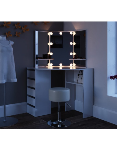 Coiffeuse d'angle blanche 2 tiroirs Miroir LED + Tabouret + Prise USB -  Ciel & terre