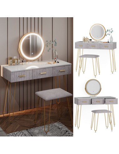 Coiffeuse blanche et grise 3 tiroirs Miroir LED + Tabouret Table manucure Coiffeuse femme