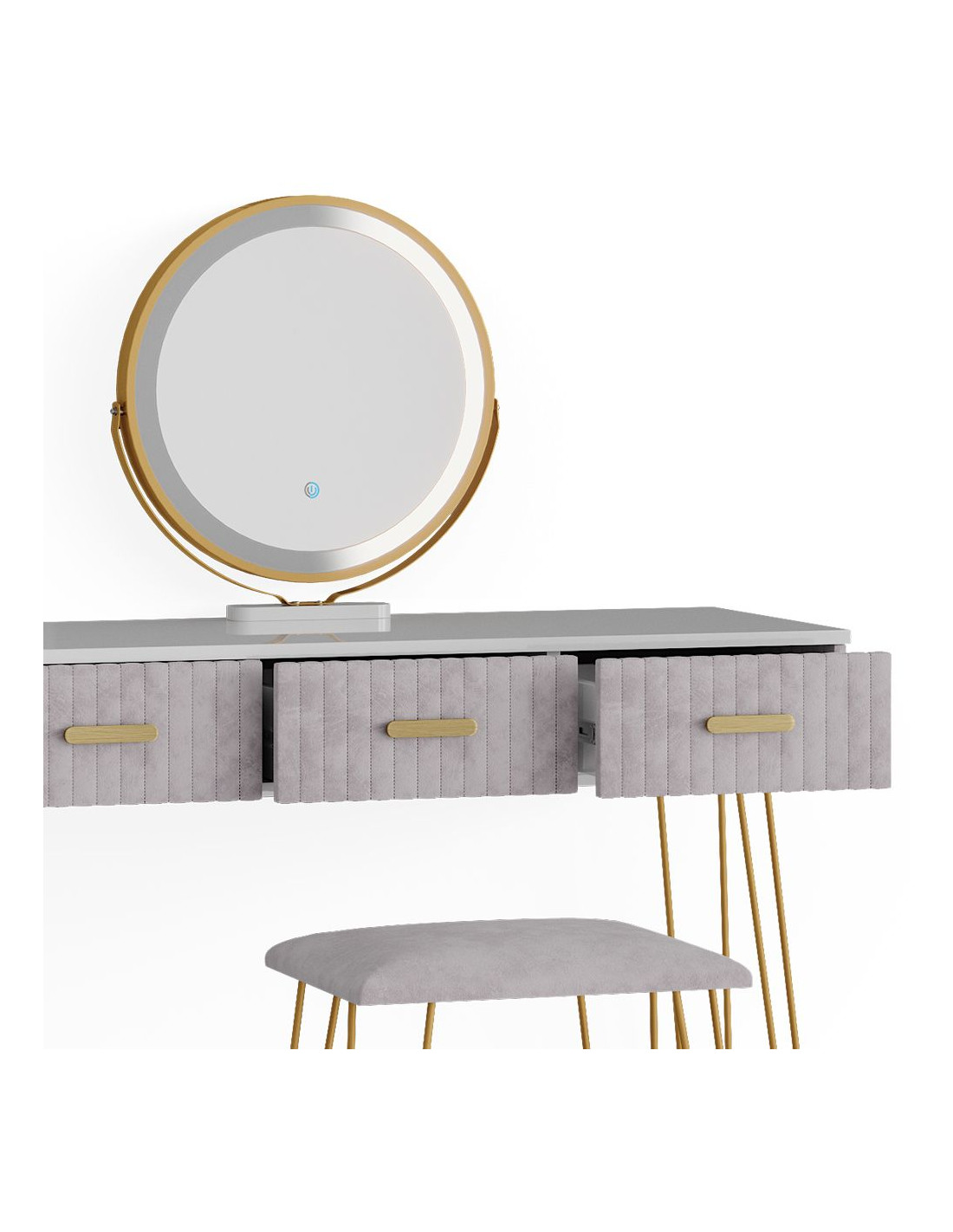 Coiffeuse blanche et grise 3 tiroirs Miroir LED + Tabouret manucure - Ciel  & terre