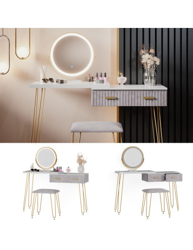 Coiffeuse blanche et grise 2 tiroirs Miroir LED + Tabouret Table manucure Coiffeuse femme