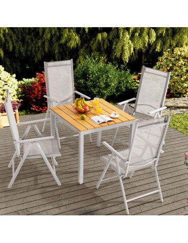 Salon de jardin 4 places en aluminium laqué Naturel et gris table de repas plateau composite
