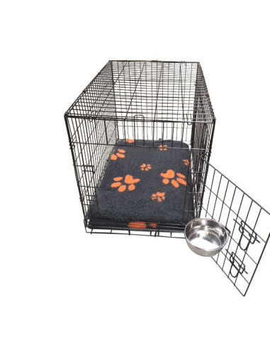 Cage complète avec bac + coussin gris et orange + bol inox suspendu
