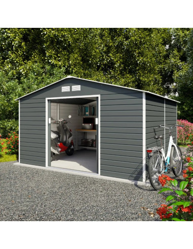 Abri de jardin en métal gris 10,85m² + kit ancrage Abri jardin métallique rangement bois outillage de jardin