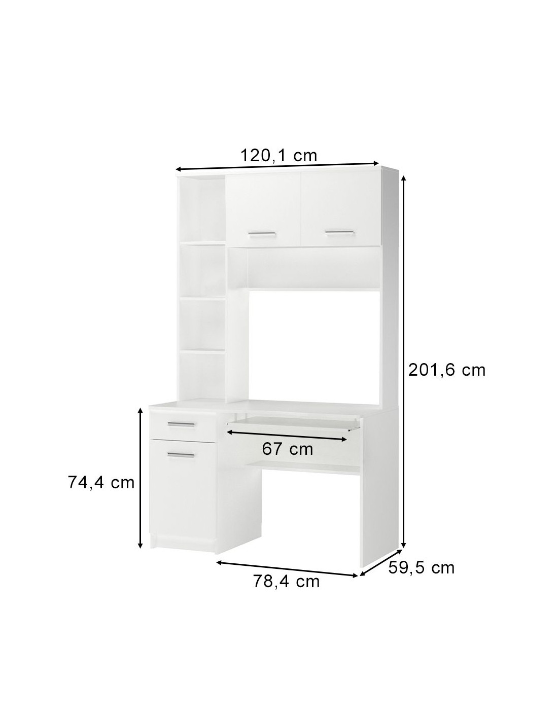 Bureau avec rangement 122 x 60 x 115,5 cm (l x l x h), bureau informatique  avec 4 étagères, blanc