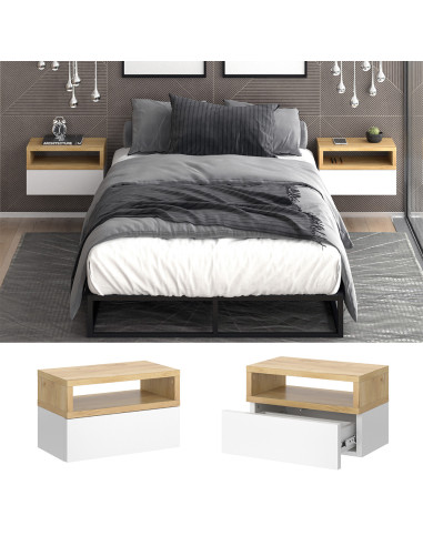 (Lot de 2) Table de chevet design blanche et chêne Table de nuit moderne 1 tiroir