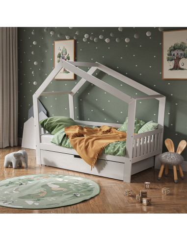 Lit montessori blanc pour enfant 80x160 cm avec tiroir et barrières Lit cabane Lit maison Lit bois massif avec sommier