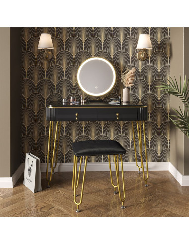 Coiffeuse noir brillant 2 tiroirs Miroir LED + Tabouret Table manucure Coiffeuse femme élégante