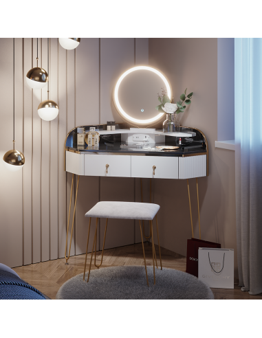 Coiffeuse d'angle blanche 2 tiroirs Miroir LED + Tabouret + Prise USB Table manucure Coiffeuse femme
