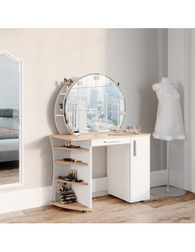 Coiffeuse épurée étagères et miroir LED + Tabouret blanc chêne - Ciel &  terre