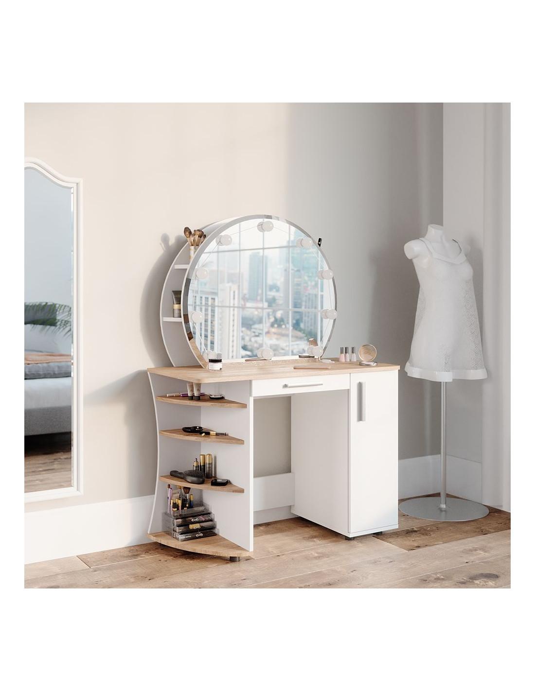 Coiffeuse épurée étagères et miroir LED + Tabouret blanc chêne - Ciel &  terre