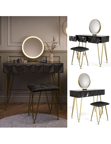Coiffeuse design noir brillant 3 tiroirs Miroir LED + Tabouret Table manucure Coiffeuse femme élégante
