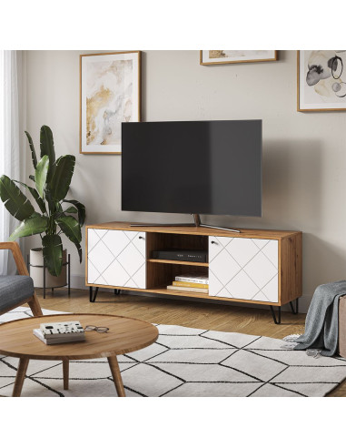 Meuble TV 150 cm chêne artisan et blanc avec étagère et placard Meuble TV salon Meuble téléviseur