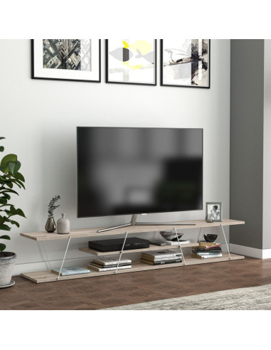 Meuble TV 180 cm épuré blanc et chêne Meuble télévision avec étagères