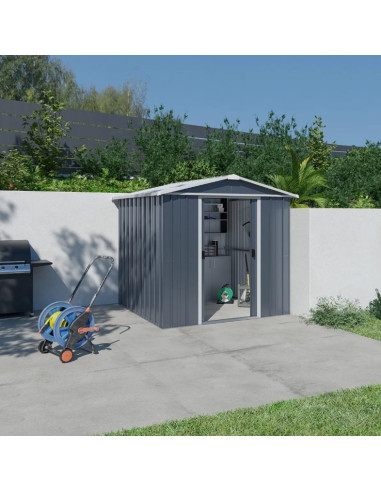 Abri de jardin métal gris 4,38m² + kit ancrage Abri jardin métallique rangement bois outillage de jardin