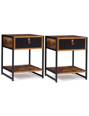 (Lot de 2) Table chevet design industriel 1 tiroir Table de nuit industrielle Chevet chambre métal noir et vieux bois