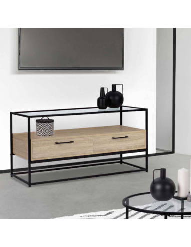 Meuble TV métal et chêne avec plateau verre Meuble tv 2 tiroirs Meuble téléviseur industriel