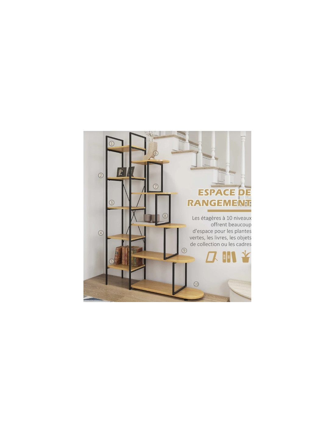 Étagère bibliothèque escalier en métal noir et bois 5 niveaux 160x157x30cm