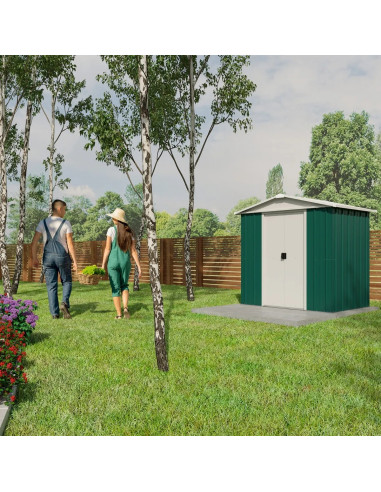 Abri de jardin en métal vert et blanc 2,77m² + kit ancrage Abri jardin métallique rangement bois outillage de jardin