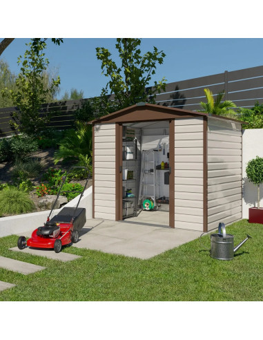Abri de jardin en métal châtaigne et marron 4,79m² + kit ancrage Abri jardin métallique rangement bois outillage de jardin