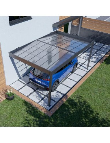 Carport adossé 16,29m² double pente Carport en Aluminium Toit en polycarbonate Fabrication en France