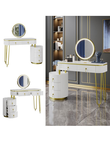 Coiffeuse blanche et or 2 tiroirs Miroir LED Table manucure Coiffeuse femme élégante