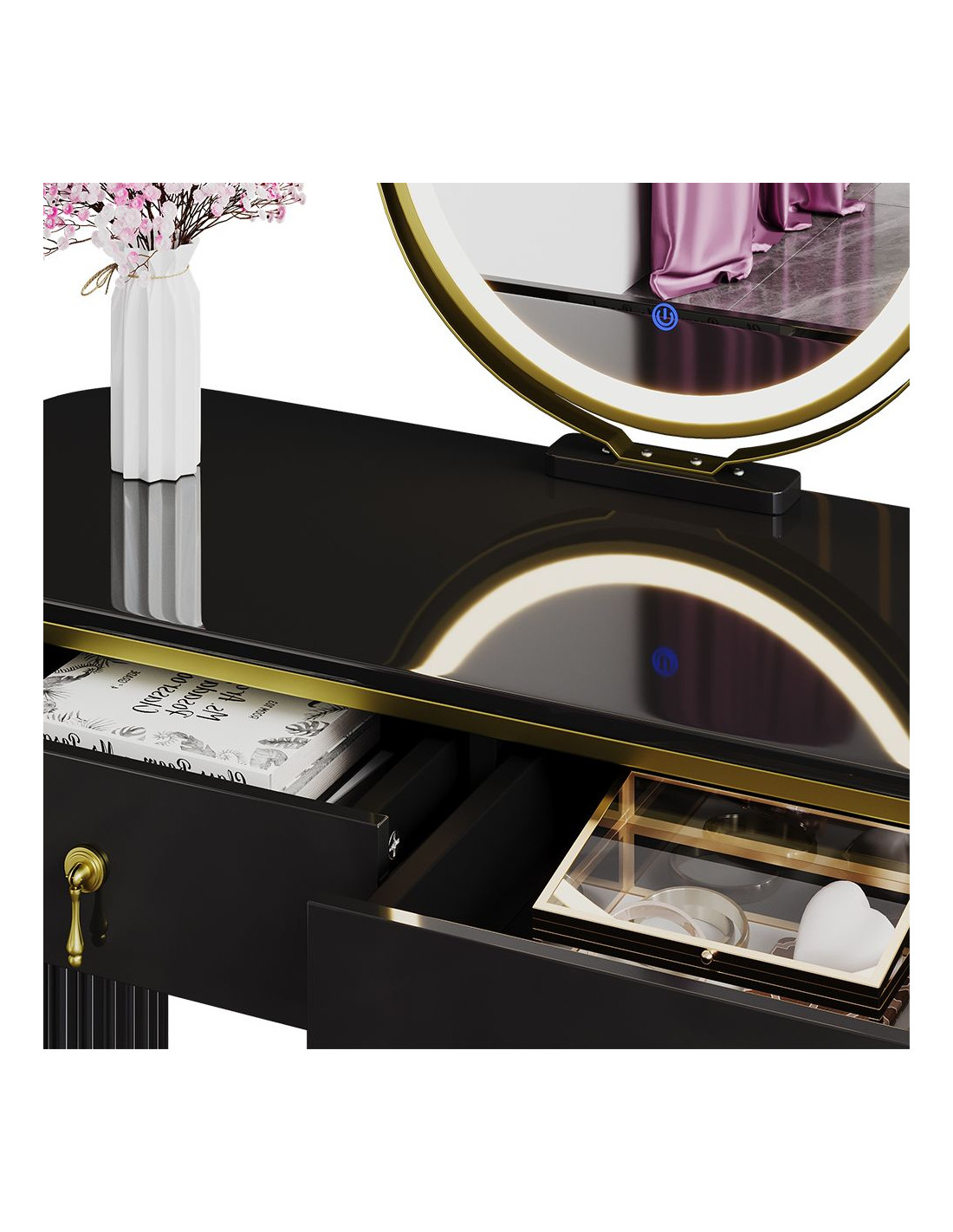 Coiffeuse, Miroir LED à Luminosité Réglable, 2 Tiroirs et 3 Compartiments,  Coin Beauté, Style Moderne, Noir