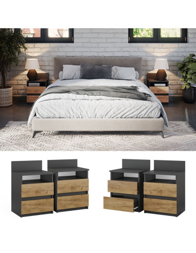(Lot de 2) Table de chevet anthracite et chêne 2 tiroirs Table de nuit en bois Chevet de lit moderne