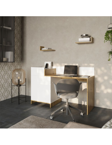 Bureau Moderne Chêne et Blanc Bureau avec Grand placard et Tiroir Bureau design