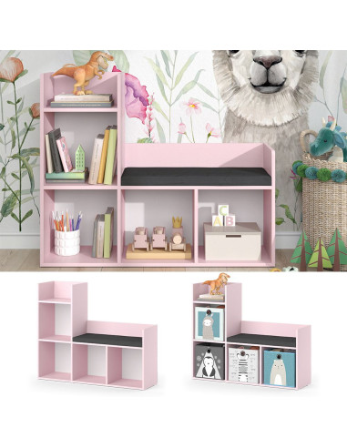 Etagère Montessori Rose avec banc 5 cases de rangement meuble enfant rangement jouet et livres