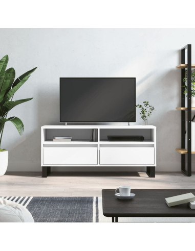 Meuble TV Moderne 100 cm Meuble téléviseur blanc meuble TV avec 2 Tiroirs
