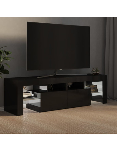 Meuble TV avec lumières LED Noir brillant 140 cm Meuble Téléviseur avec rangement