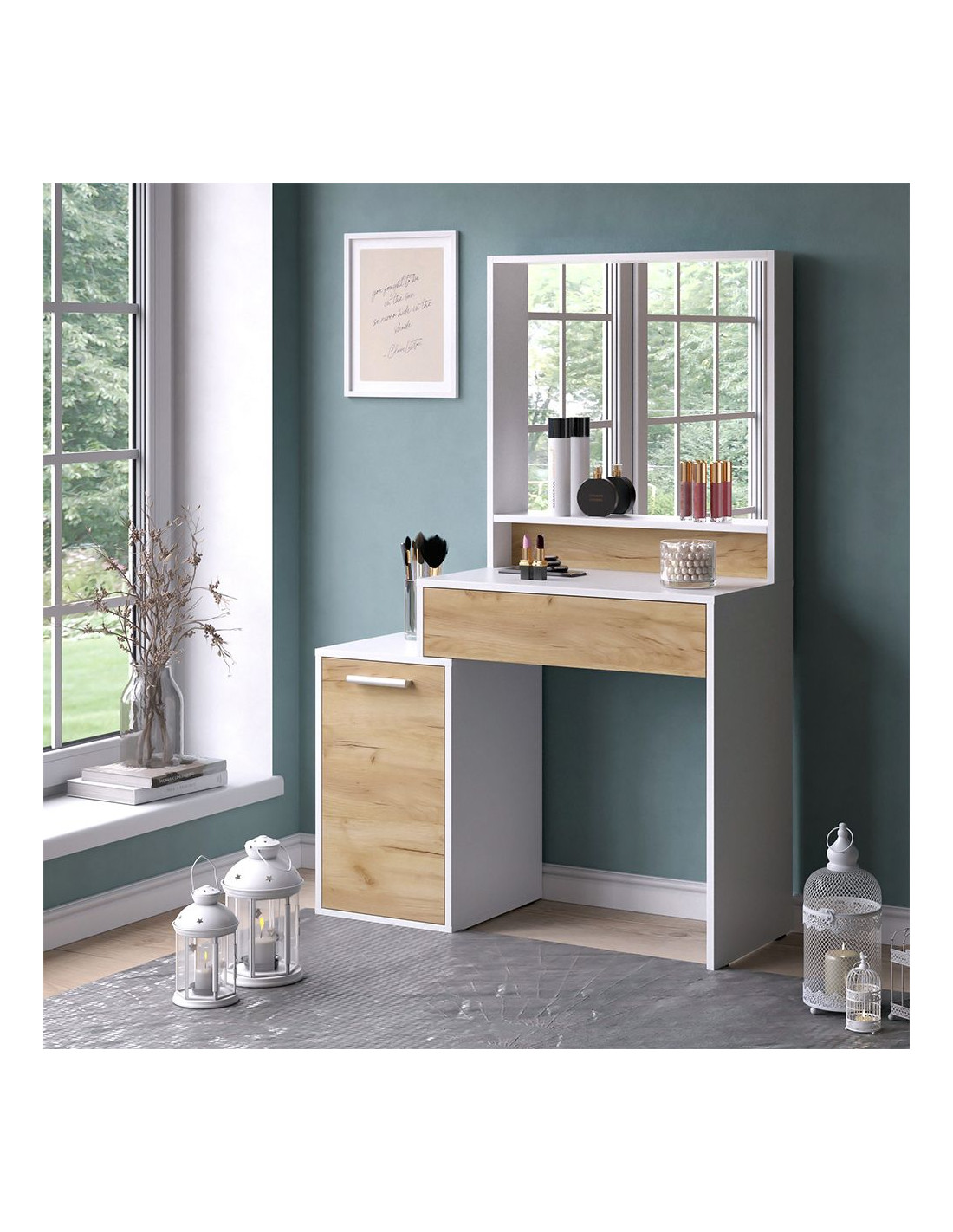 Coiffeuse, Table de Maquillage, avec Miroir, 1 tiroir, 6 étagères,  Organisateur de Maquillage Coiffeuse d'angle