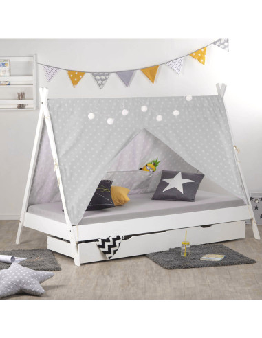 Lit tipi montessori blanc 90x200 cm avec 2 tiroirs rangement lit enfant avec tente tissu lit cabane avec sommier