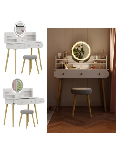 Coiffeuse Blanche 3 tiroirs Miroir LED + Tabouret Table manucure Coiffeuse femme esprit scandinave