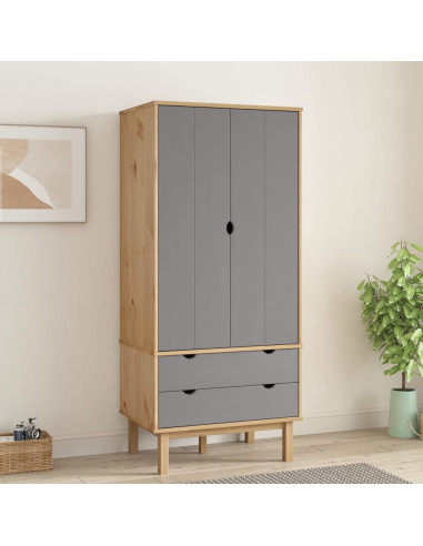 Armoire Pin Massif Gris Dressing 2 Portes 2 Tiroirs Garde-robe Penderie Chambre