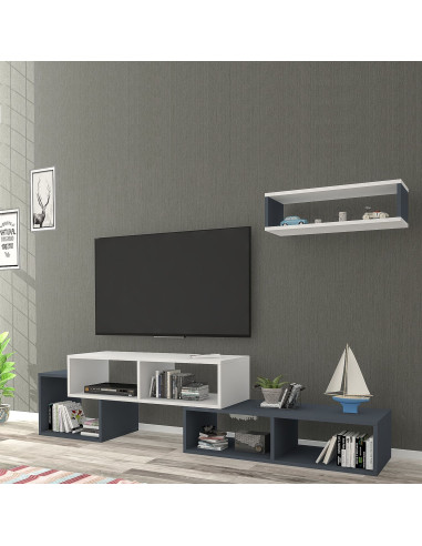 Meuble TV Blanc et Anthracite Moderne 170 cm avec 1 Etagère Murales Meuble Télévision Blanc