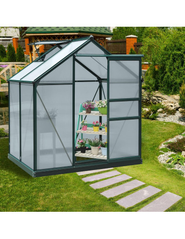 Serre de Jardin Verte ALU Polycarbonate 2,50m² avec Base et Gouttière Serre Potager